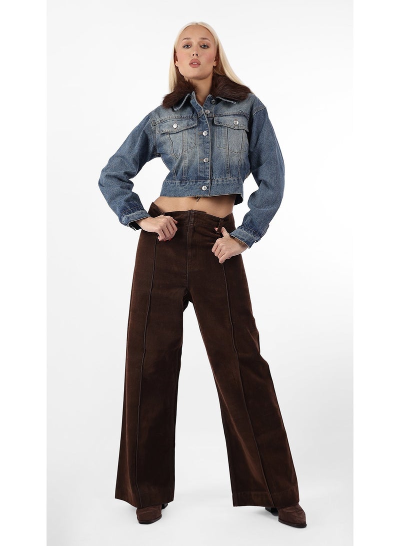 كيفيلي جاكيت جينز قصير بياقة فرو صناعي - Image 1